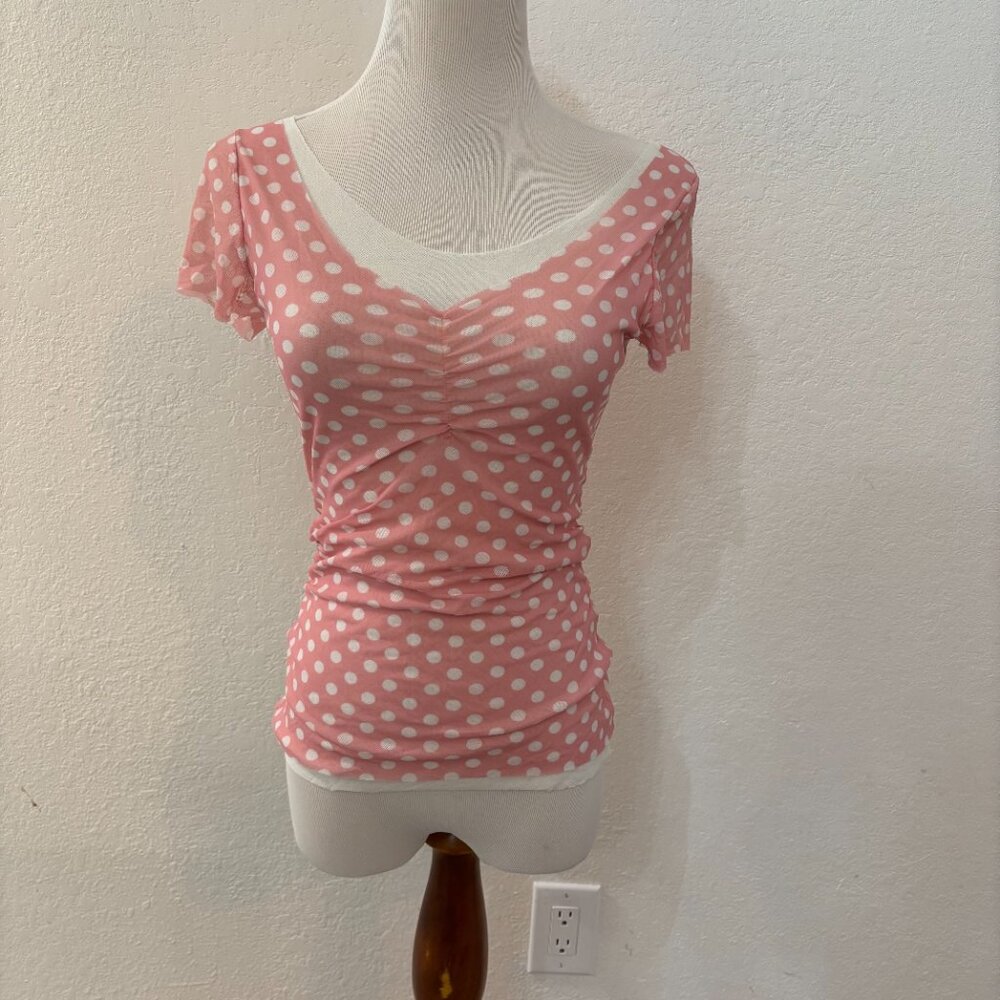 Sweet Pea Polka Dot Nylon V Neck Blouse Size Medium -- could fit a Small New!